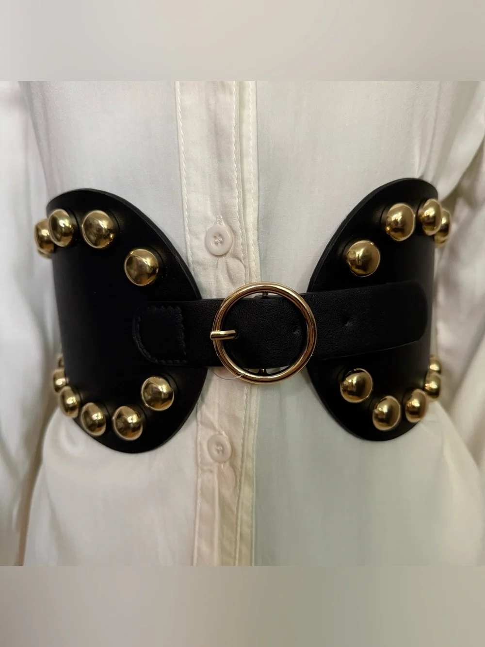 Black studded PU leather elastic waistband belt with gold tone buckle